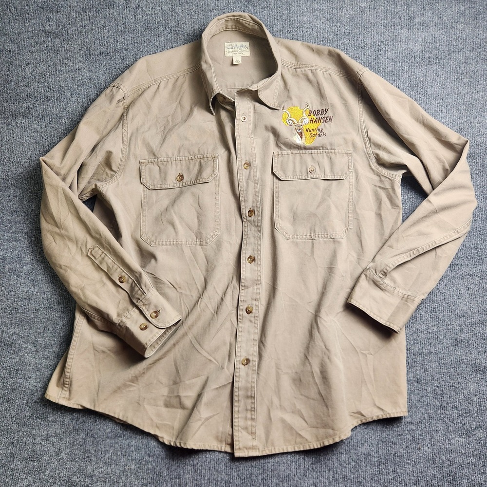 Cabelas Mens Khaki Safari Shirt Bobby Hansen Hunting Safaris Cotton Large L